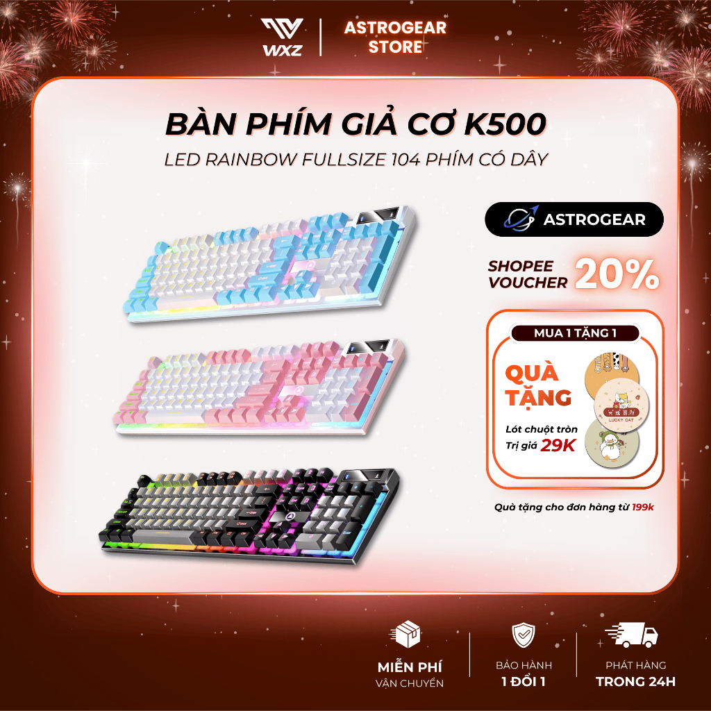 Bàn Phím K500 LED Rainbow Fullsize, Giả Cơ Gõ Êm Chống Nước Dành Cho Laptop PC Chơi Game Và Làm Việc