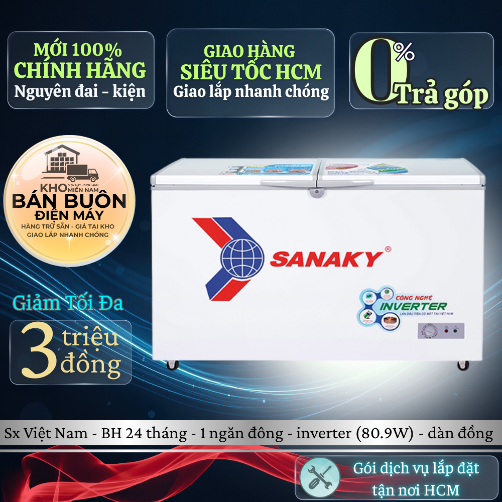 VH-4099A3 Tủ Đông Sanaky – 305 Lít, 1 Ngăn Đông, Inverter, Dàn Lạnh Đồng, Bảo Hành 24 Tháng