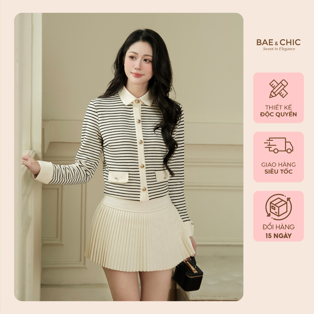 Áo len cardigan kẻ ngang cổ sơ mi Bae Chic, áo len nữ dáng ngắn thanh lịch phong cách tiểu thư AB229