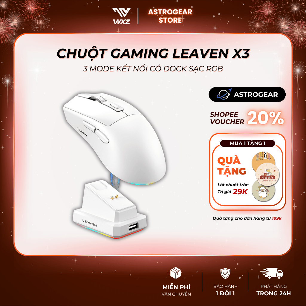 Chuột Gaming Leaven X3 Không Dây Có Dock Sạc, Chip Pro Hiệu Năng Cao, 3 Mức DPI, Thiết Kế Ergonomic