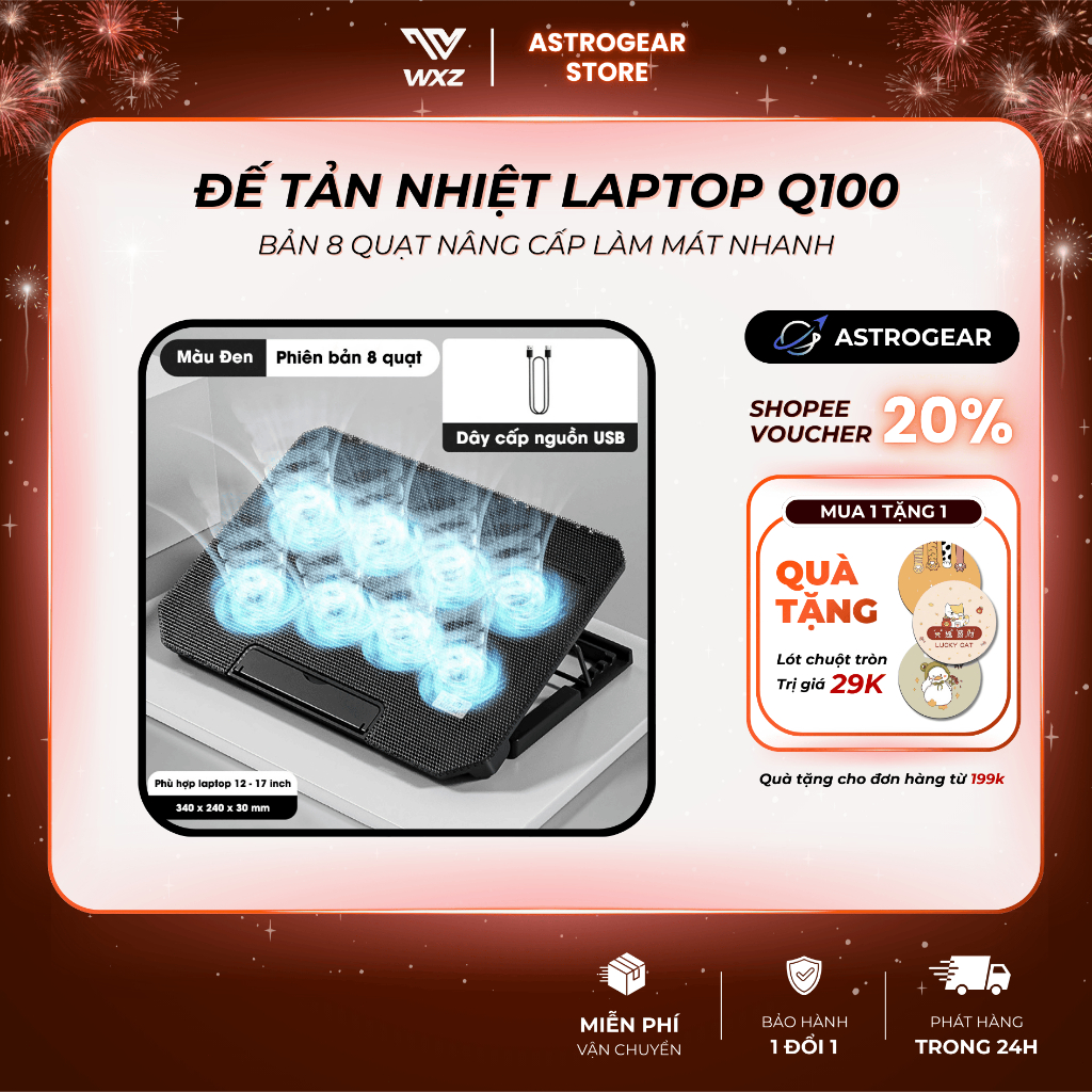 Đế Tản Nhiệt Laptop Q100 8 Quạt, Điều Chỉnh 4 Cấp Độ Cao, Không Tiếng Ồn, Giá Đỡ Laptop Tản Nhiệt