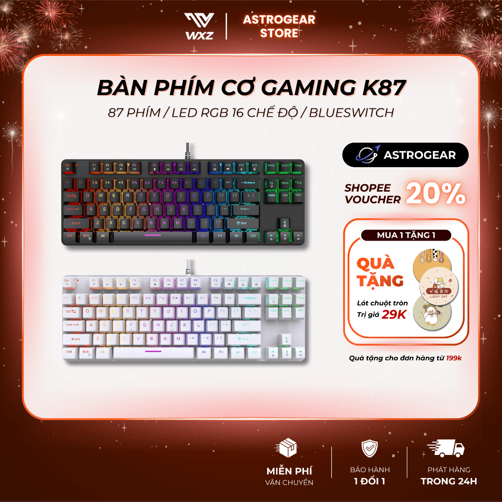 Bàn Phím Cơ K87 Pro Có Dây LED RGB Gaming – Blue Switch Clicky, 87 Phím Nhỏ Gọn, LED 16 Hiệu Ứng