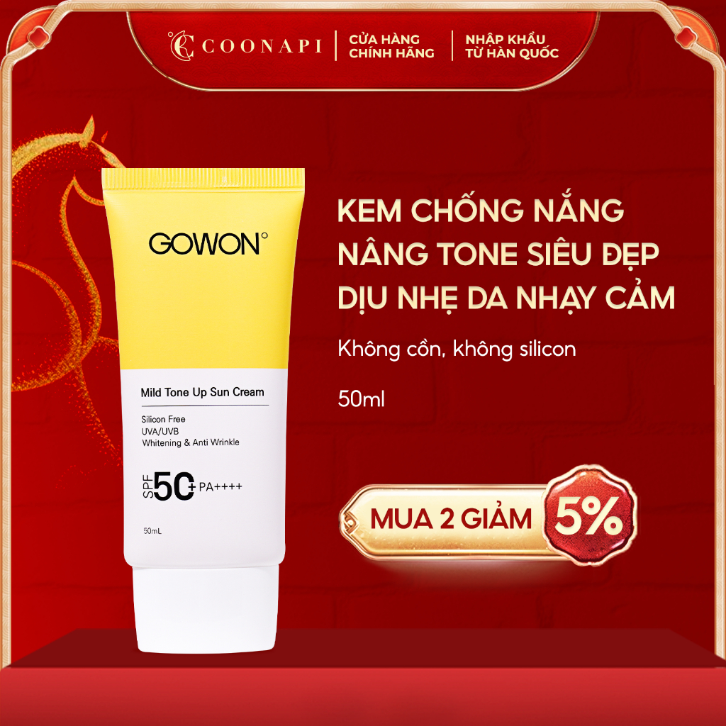 Kem Chống Nắng Trà Xanh Nâng Tone, Dịu Nhẹ Cho Da Mụn Nhạy Cảm Gowon Mild Tone Up Sun Cream SPF50+/P