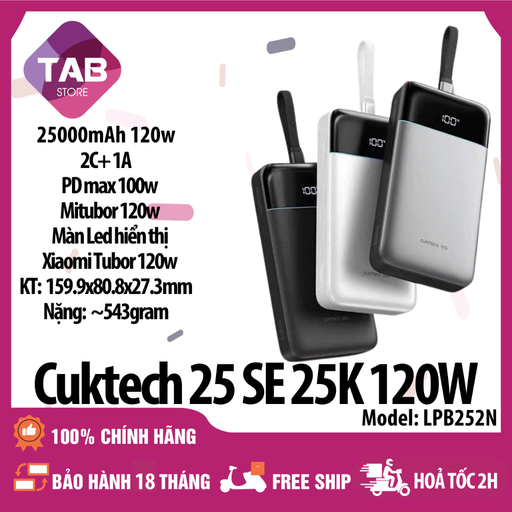 Sạc Cuktech 25 SE 25k 120w Cáp Tích Hợp PD/PPS/QC/UFCS/MiTurbo 120W LPB252N - Bảo Hành 18 Tháng