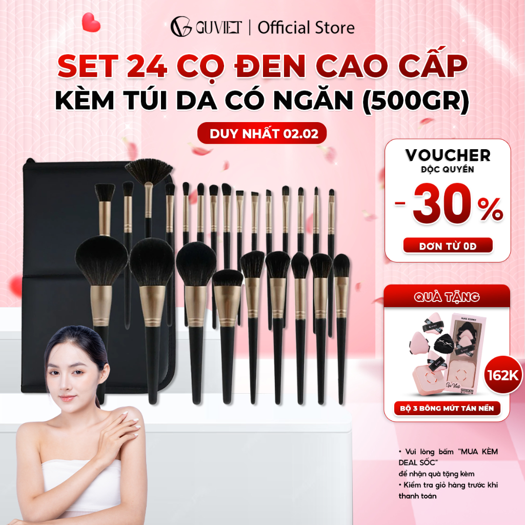Bộ cọ trang điểm chuyên nghiệp cao cấp GUVIET màu đen gồm 24 cọ đi kèm với túi da đựng có ngăn