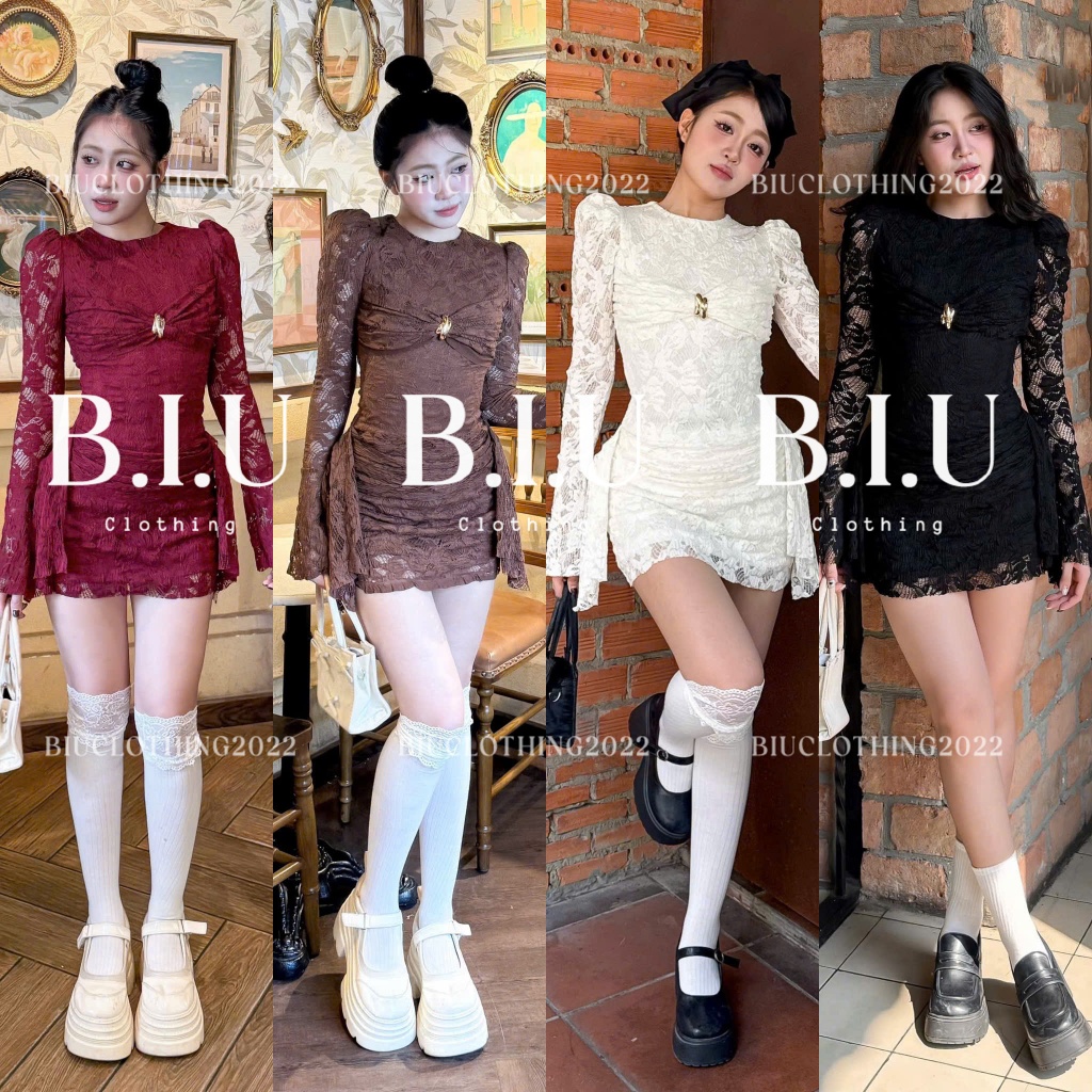 (50-55kg)Đầm tay dài loe đính khóa ngực bèo nhún eo sexy tôn dáng Uly Dress Biu Clothing BB0541