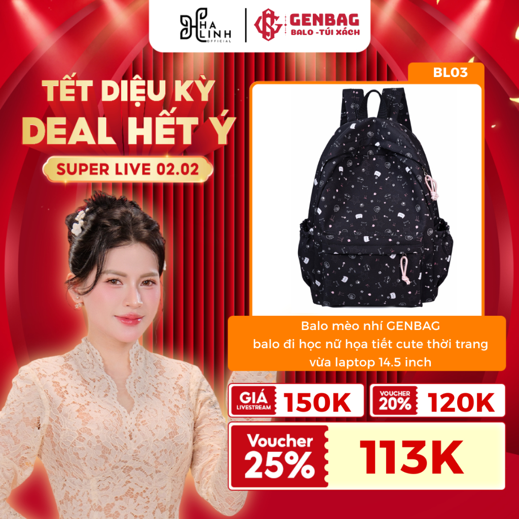 [VHL x GENBAG]  Balo nữ đi học GENBAG balo mèo nhí ulzzang vải dù trượt nước đựng laptop 14,5 inch B