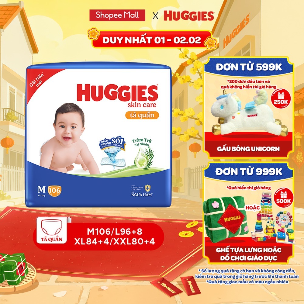 [GIAO TRƯỚC TẾT] Tã quần Huggies Skincare Mega Jumbo M106/L96+8/XL84+4/XXL76+4 với tràm trà dịu da
