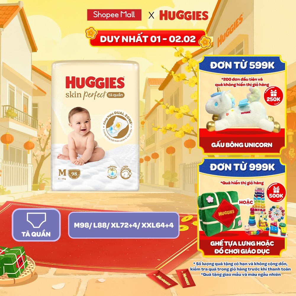 Tã quần Huggies Skin Perfect Mega Jumbo cỡ M/L/XL/XXL với 2 vùng thấm giảm kích ứng da
