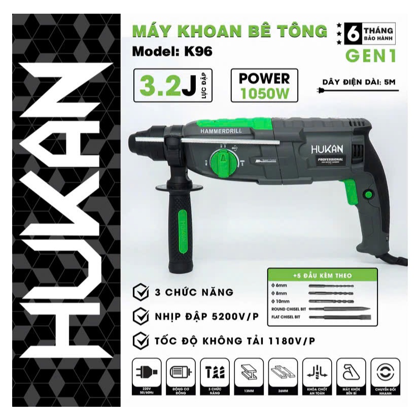 Máy Khoan Bê Tông HUKAN K96 3 Chức Năng Đa Năng - Công Suất 1050W