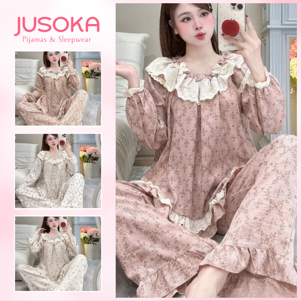 Đồ Ngủ Nữ JUSOKA Pijama Chất Liệu Đũi Vân Mây Cổ Viền Ren Tròn Đính Nơ Mềm Mịn Cao Cấp DU42