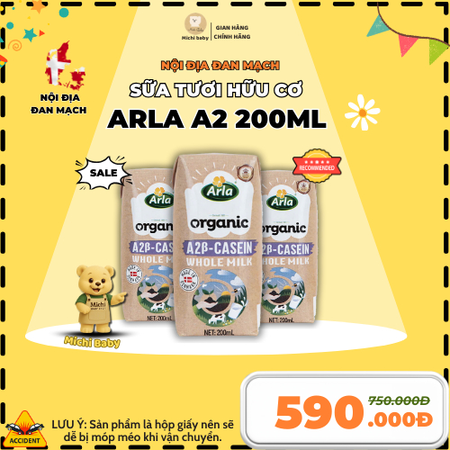 (Voucher 80k) - 1 Thùng 20 Hộp Sữa Tươi UHT Hữu Cơ Đạm A2 Arla Đan Mạch 200ml - Michi Baby MC888-AF5