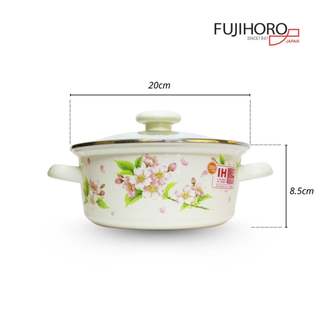 Nồi tráng men thủy tinh Nhật Bản Fujihoro SYM-32G, hoa văn đào hồng, nắp kính - Chính hãng