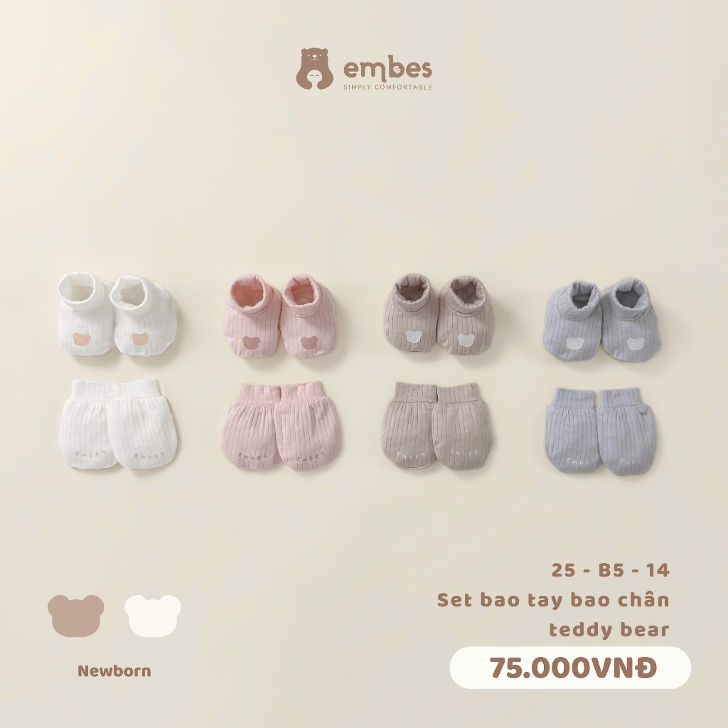 Set Bao Tay Bao Chân Sơ Sinh Embes, Set Phụ Kiện  In Họa Tiết Chất Dày Ấm Cho Bé Sơ Sinh