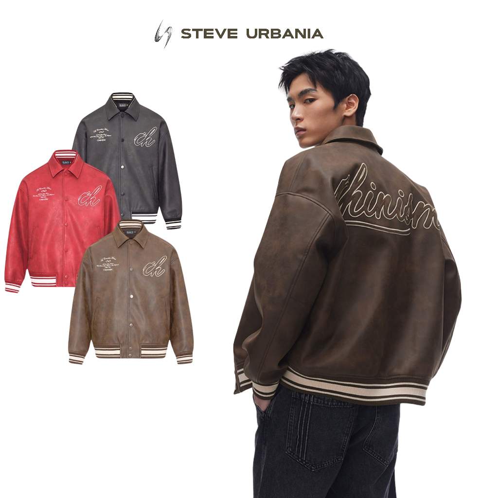 Áo khoác da STEVE URBANIA chất liệu da simili nhập khẩu, Bomber Varsity Jacket Chinism  trần bông cao cấp - AK05