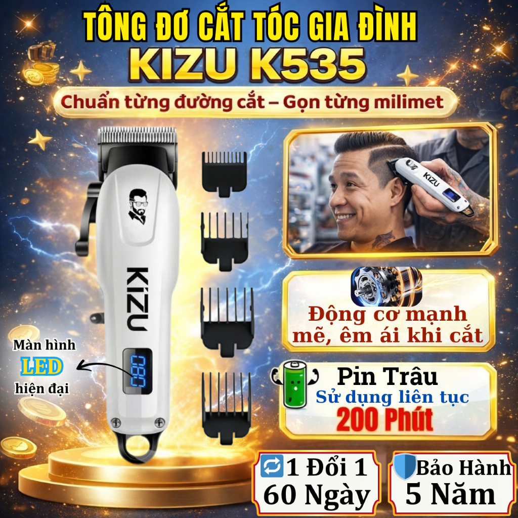 Tông Đơ Cắt Tóc Nam Kizu K535 Cao Cấp, Lưỡi Cắt Sắc Mịn, Không Dây Pin Trâu, Màn Hình LED, Dùng Tại Nhà