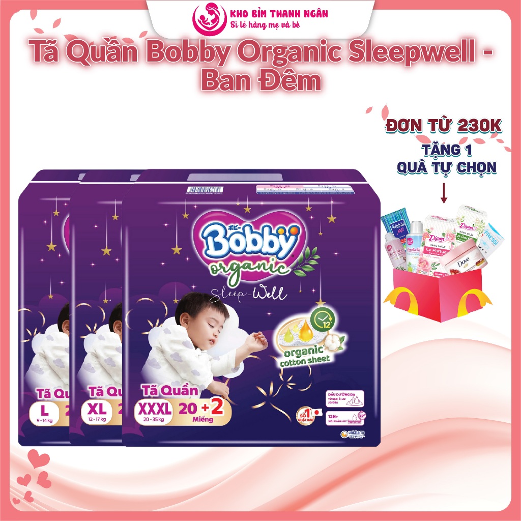Tã Quần BOBBY ORGANIC Ban Đêm Cao Cấp Đủ Size M L XL XXL XXXL  - Tã Quần Bobby Tặng Quà - Kho Bỉm Th