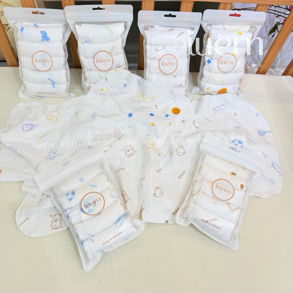 iuem Khăn sữa SỢI TRE BAMBOO HOẠ TIẾT DÀY 6. LỚP, kt 30*30cm (+-1cm) set 5 cái, dùng cho bé từ sơ si
