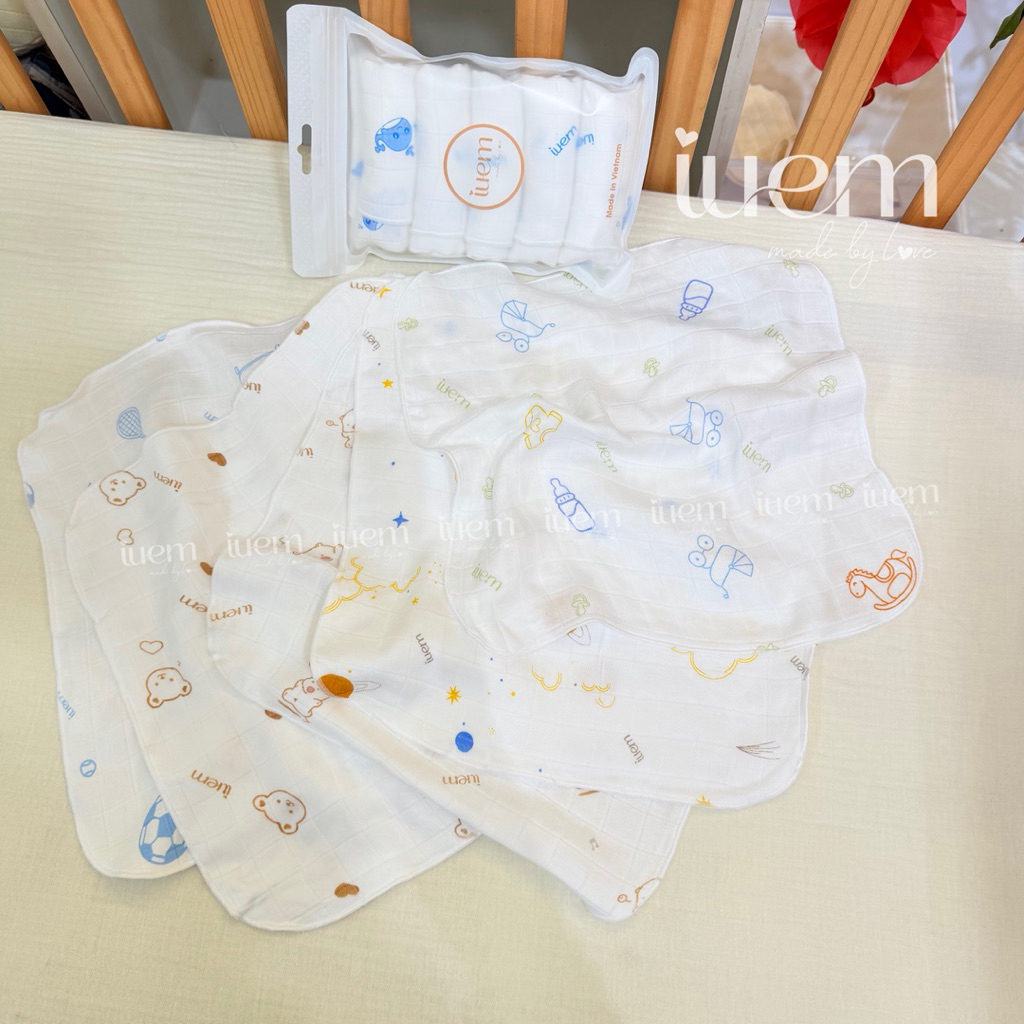 iuem khăn sữa sợi tre bamboo hoạ tiết dày 3 lớp, kt 30*30cm (+-1cm), set 5 cái cho bé từ sơ sinh mền mịn, thấm hút tôt