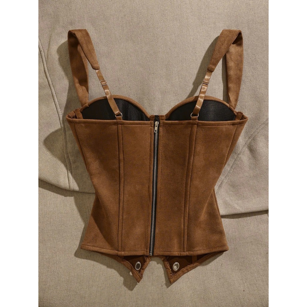 Áo corset nâu da lộn style Âu Mỹ quyến rũ vạt chữ U cá tính y2k | BigBuy360 - bigbuy360.vn