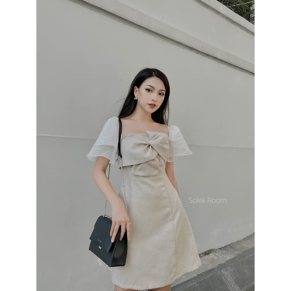 𝐁𝐄𝐒𝐓 𝐒𝐄𝐋𝐋𝐄𝐑- Đầm váy nơ thắt cách điệu phối tơ mềm mịn chống nhăn BEIGE LINE DRESS