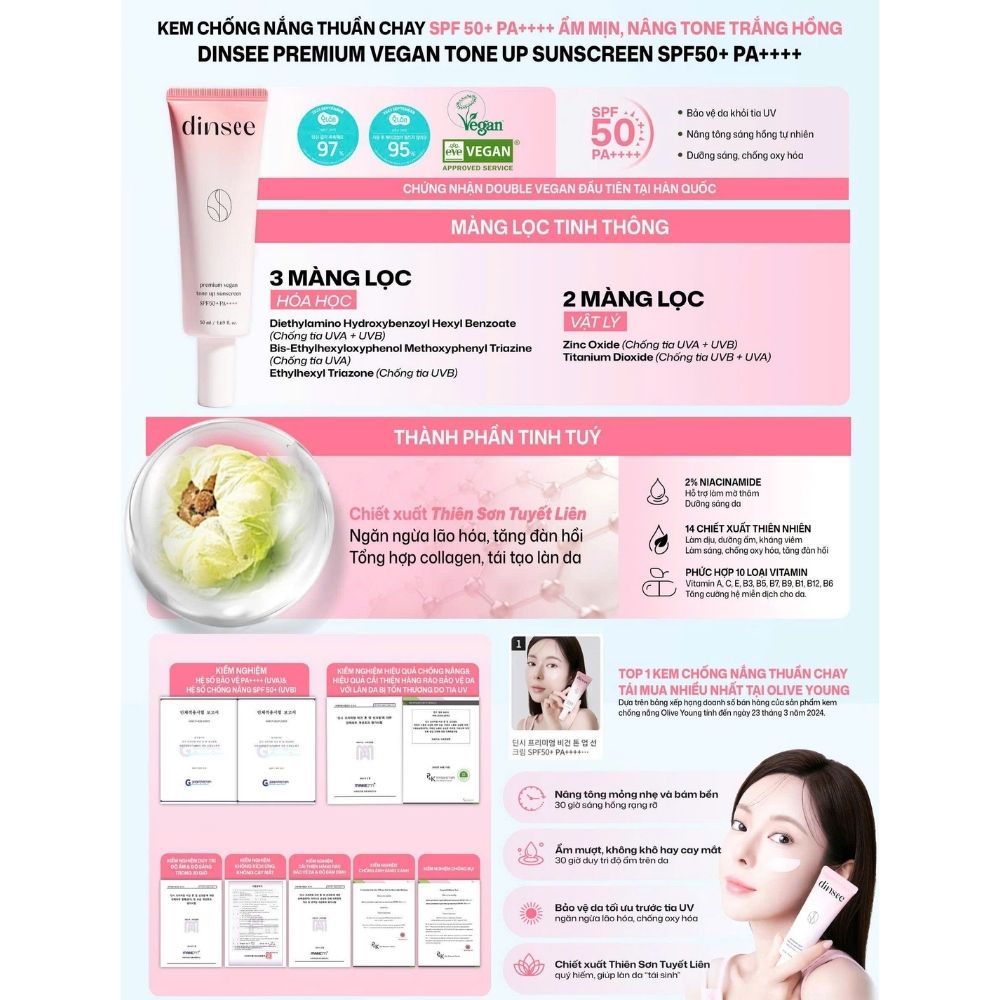 Ảnh 2 của Kem chống nắng Dinsee Premium Vegan Sunscreen SPF50+ PA++++ bảo vệ da, nâng tone.