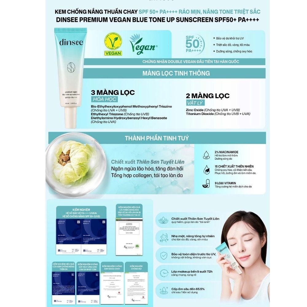 Ảnh 4 của Kem chống nắng Dinsee Premium Vegan Sunscreen SPF50+ PA++++ bảo vệ da, nâng tone.