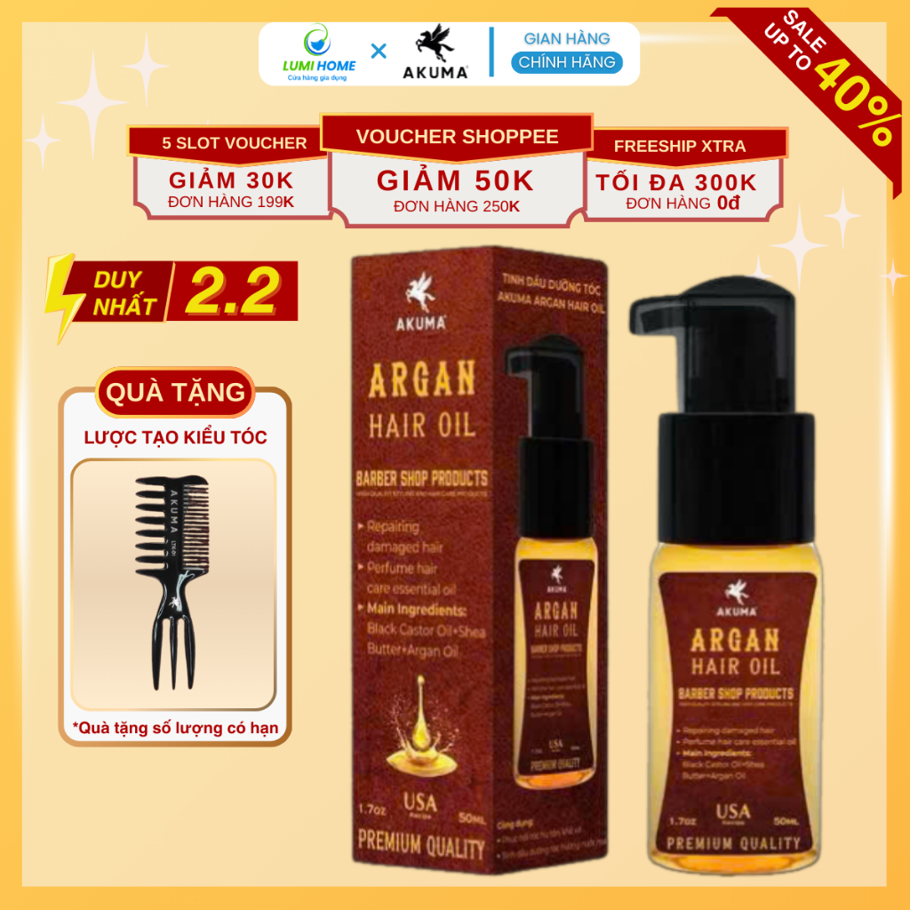 Tinh Dầu Dưỡng Tóc AKUMA Argan Hair Oil 50ml Giúp Tóc Chắc Khỏe, Bóng Mượt, Hương Nước Hoa Nam Tính