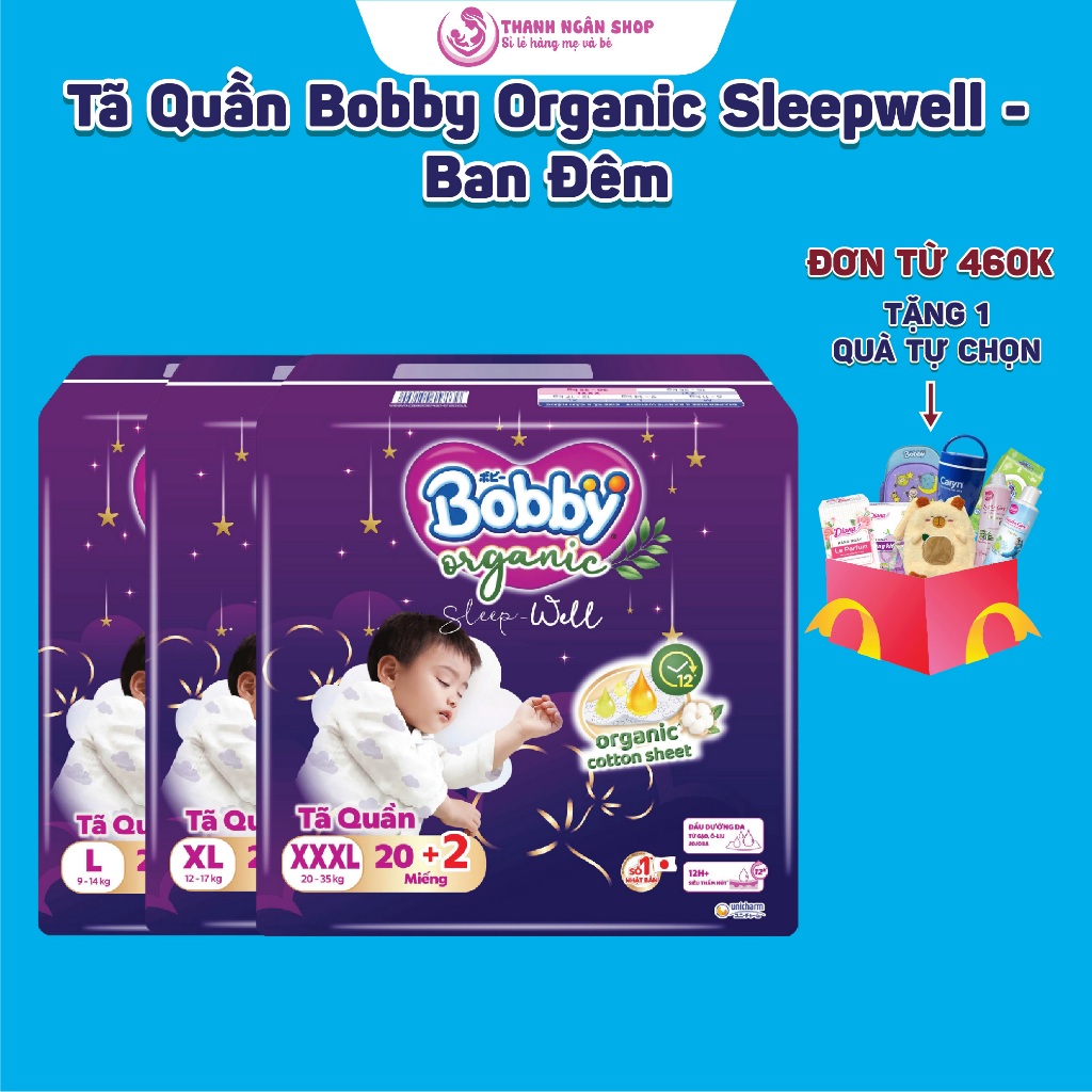Tã Quần Bobby Organic Sleepwell - Tã Quần Bobby Ban Đêm Siêu Thấm Hút Chứa Sợi Cotton Tự Nhiên - Tha