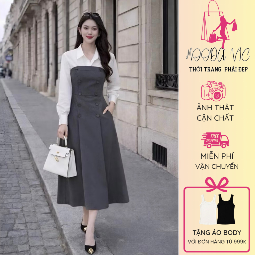 [MD24201] - Đầm Sơ Mi Phối Yếm Nữ Cao Cấp – Váy Công Sở Dáng Dài Sang Trọng - Thanh Lịch