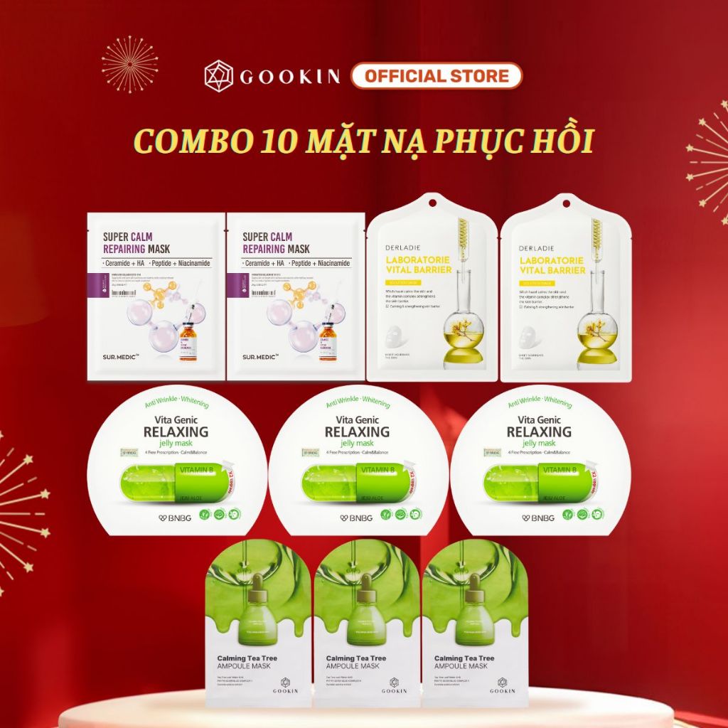Combo 10 Mix Mặt nạ phục hồi SUR.MEDIC Tím x2+ Derladie Vàng x2+ Gookin Xanh lá x3+ BNBG Xanh lá x3