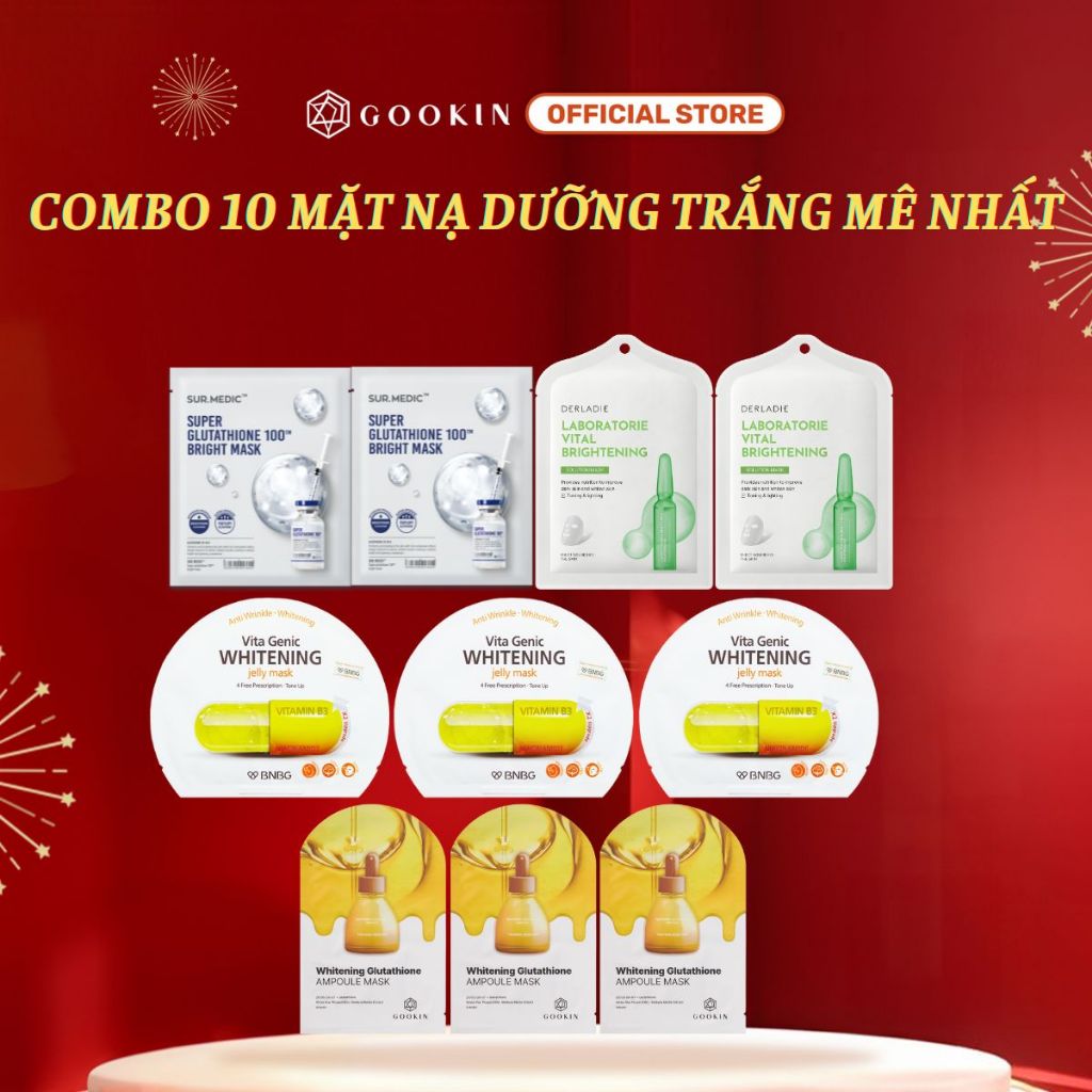 Combo 10 Mix Mặt nạ dưỡng trắng SUR.MEDIC Trắng x2+ Derladie Xanh Lá x2+ Gookin Vàng x3+ BNBG Vàng x