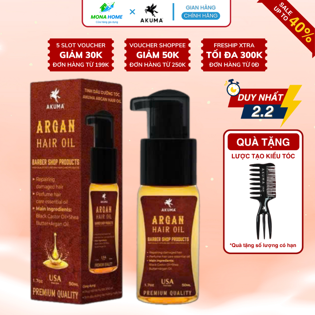 Tinh Dầu Dưỡng Tóc AKUMA Argan Hair Oil 50ml Giúp Tóc Chắc Khỏe, Bóng Mượt, Hương Nước Hoa Nam Tính