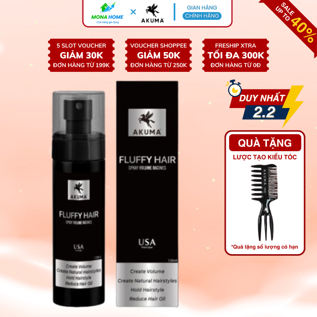 Xịt tạo phồng bồng bềnh Akuma Fluffy Hair 120ml - Tạo độ phồng tóc, kiềm dầu tốt