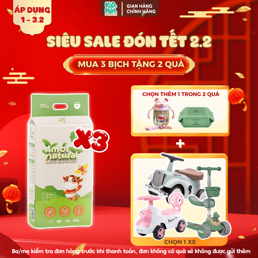 (3A) [COMBO SIÊU XE] COMBO 3 bịch tã/bỉm Amor Natural Việt thấm nhanh, thoáng mát đủ size NB/S/M/L/X