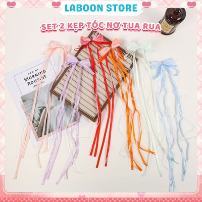 Set 2 kẹp tóc nơ lụa ruy băng tua rua LABOON kẹp tóc sau đầu nơ voan dài thiết kế handmade siêu xinh