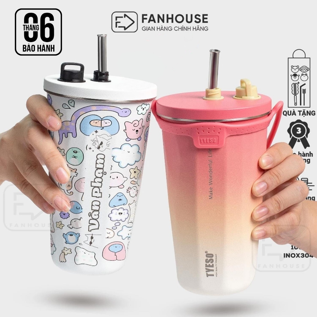 Ly giữ nhiệt Tyeso Wonder 600ml bình giữ nhiệt có ống hút inox 304 Fan House khắc tên, bộ cọ rửa