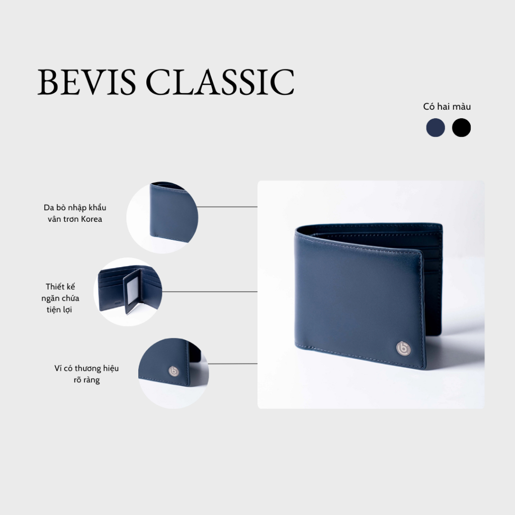 Bevis Classic - Ví Nam Đẳng Cấp Bevis Da Nhập Khẩu Xanh Navy Vân Trơn Korea