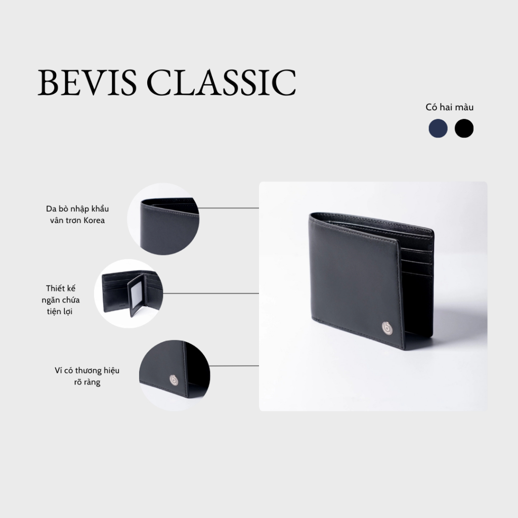 Bevis Classic - Ví Nam Đẳng Cấp Bevis Da Nhập Khẩu Đen Vân Trơn Korea