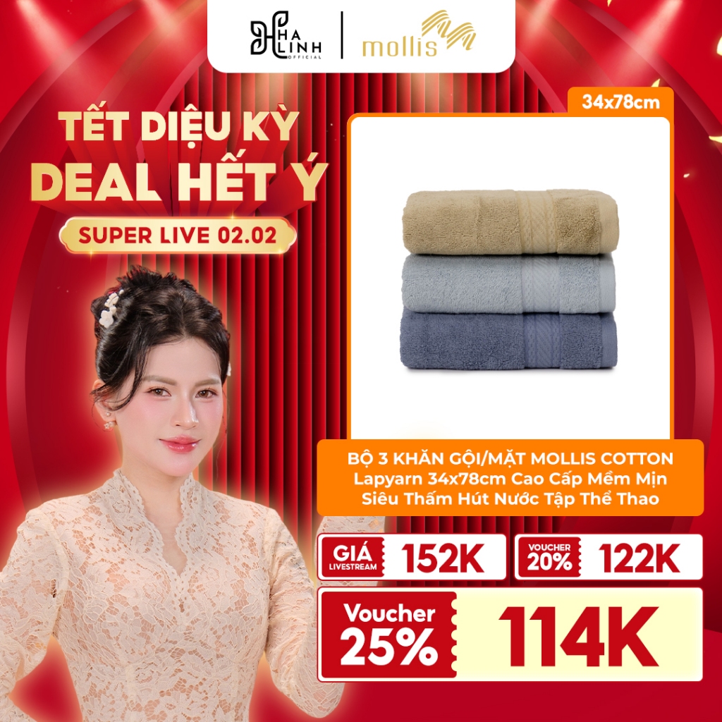 [Võ Hà Linh x Mollis] Bộ 3 Khăn Gội/Mặt Mollis Cotton Lapyarn 34x78cm FM8V Mềm Mịn Siêu Thấm Hút Nướ