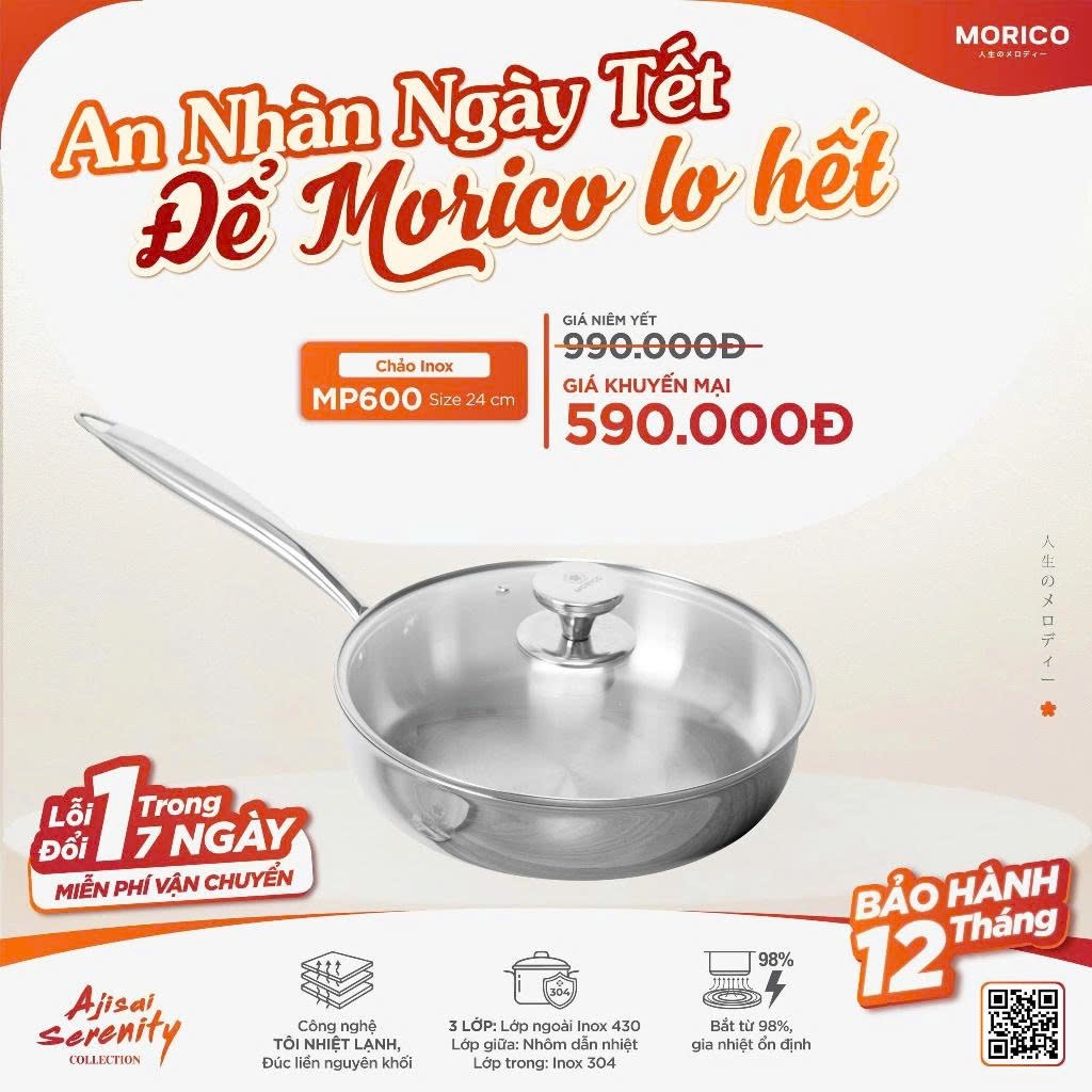 Chảo INOX chống dính tự thân không cần tôi Morico MP600 size 24