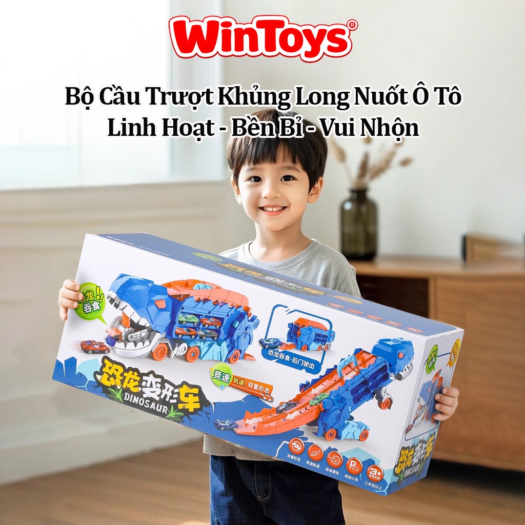 Bộ đồ chơi xe đua cầu trượt khủng long nuốt ô tô