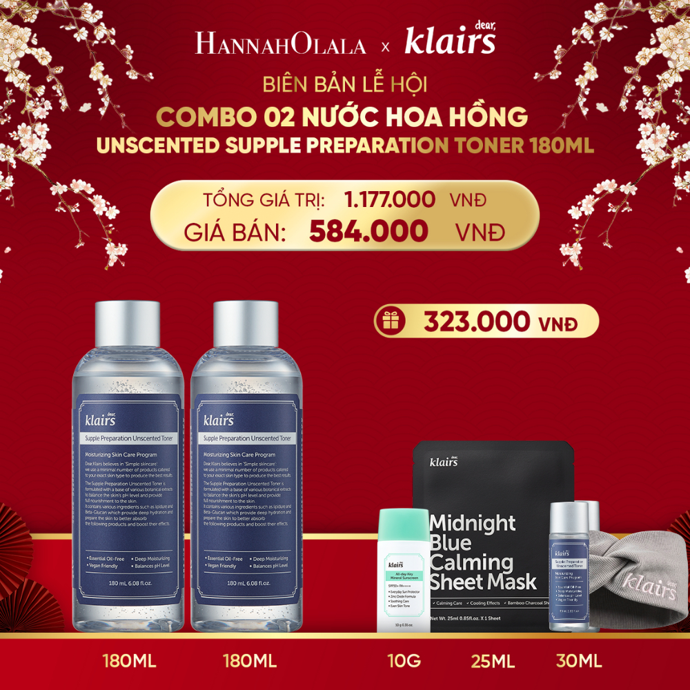 [Dear, Klairs x Hannah Olala] Combo 2 Nước hoa hồng Dear, Klairs Supple Preparation Unscented Toner 