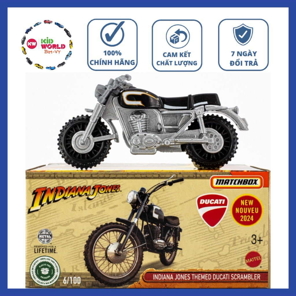 Xe Moto mô hình Matchbox Box Indiana Jones Themed Ducati Scrambler 6/100.