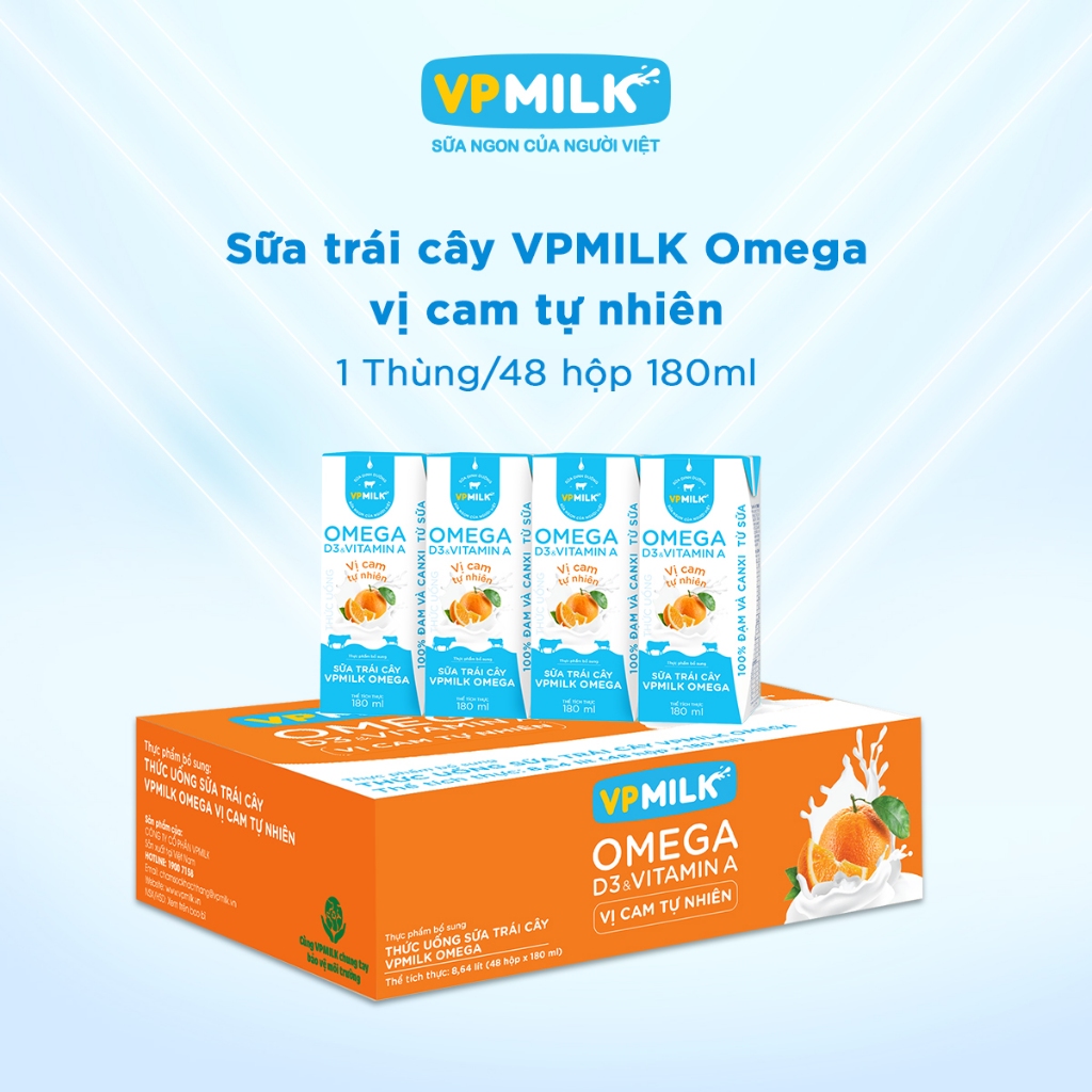 [Thùng 48 hộp 180ml] Sữa Dinh Dưỡng VPMilk Omega Vị Cam Tự Nhiên,chắc xương