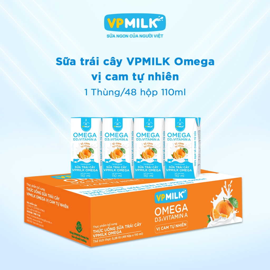 [Thùng 48 hộp 110ml] Sữa Dinh Dưỡng VPMilk Omega Vị Cam Tự Nhiên, D3-VitaminA