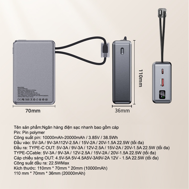 dosen sạc dự phòng pd22.5w 10000mah 20000mah tự mang theo dây đôi pin dự phòng màn hình led tích hợp tích hợp | BigBuy360 - bigbuy360.vn