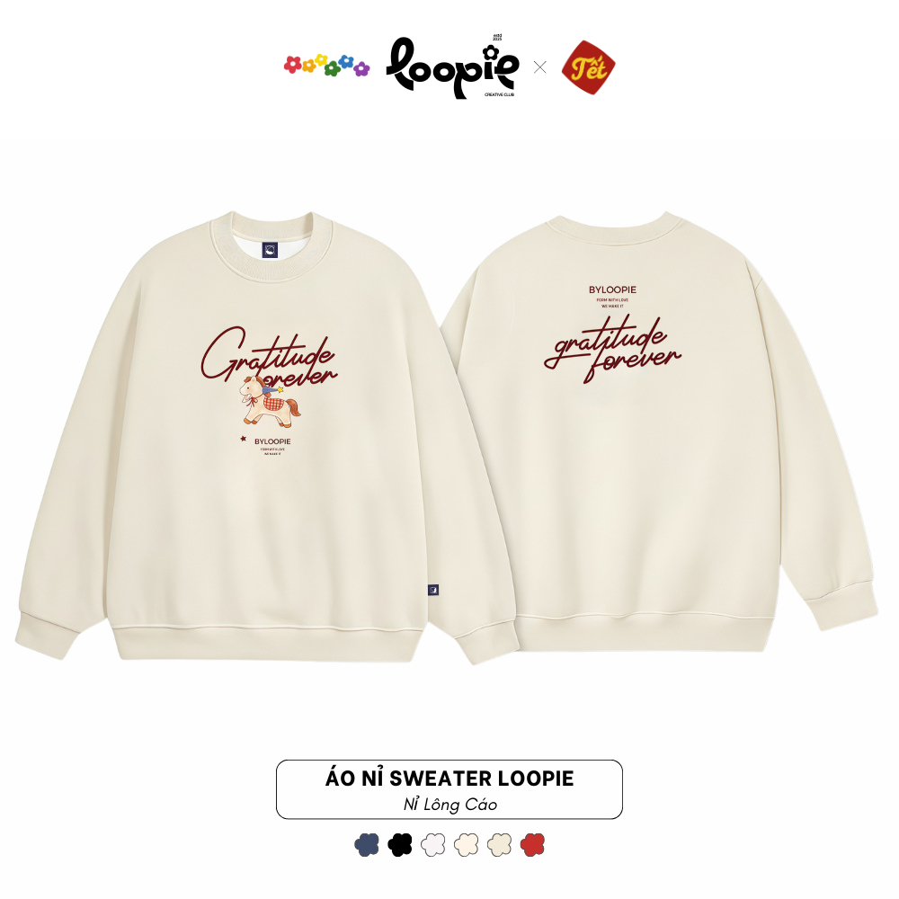 Áo Sweater LOOPIE CLUB BST142 Hình Ngựa Gratitude - Áo Nỉ Lông Cáo Dày Dặn Aesthetic Outfit