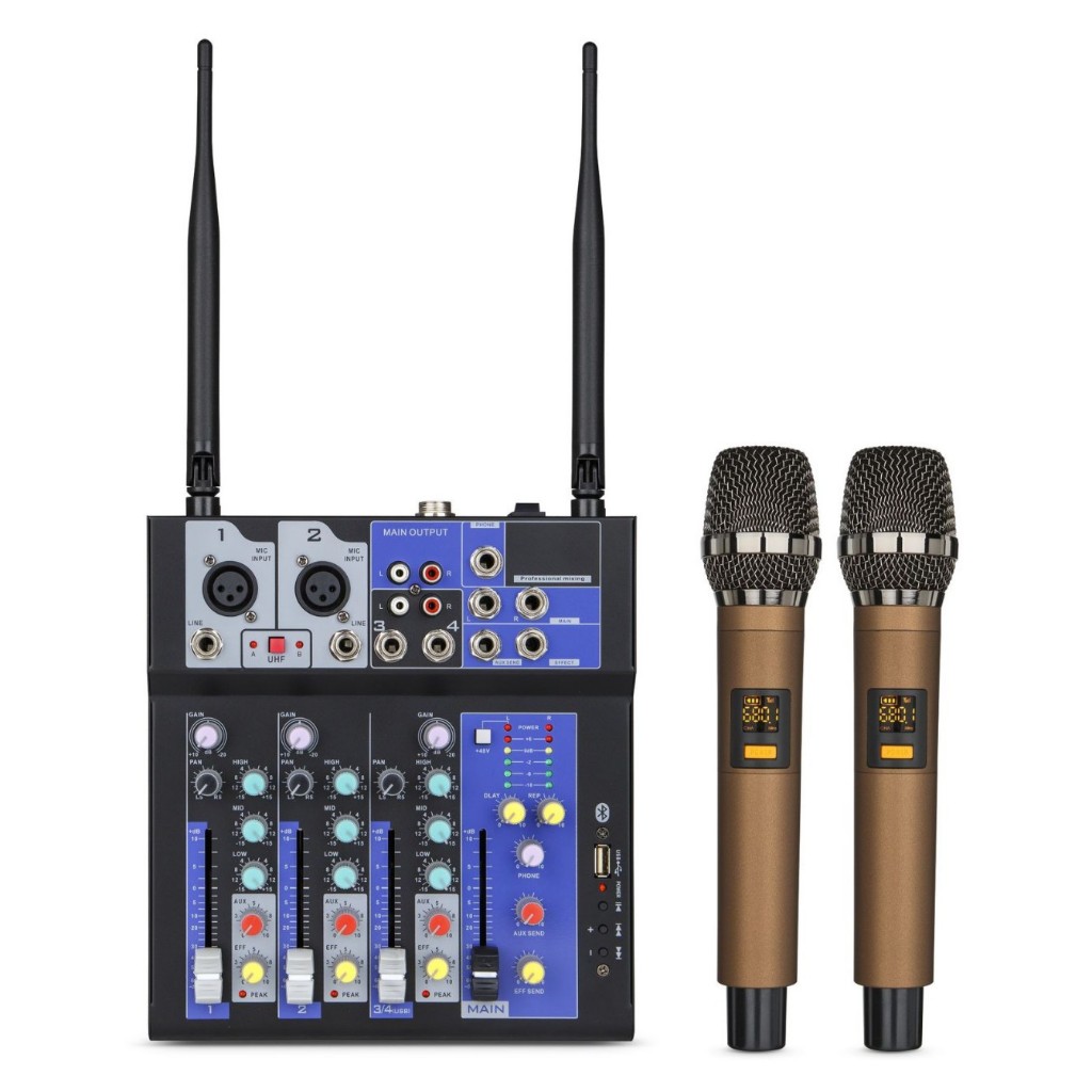 Mixer Pro-4 Tặng 2 Tay Mic Không Dây, Có Thể Kết Nối Loa Kéo, Loa Vi Tính, Livestream. Bảo Hành 12 T