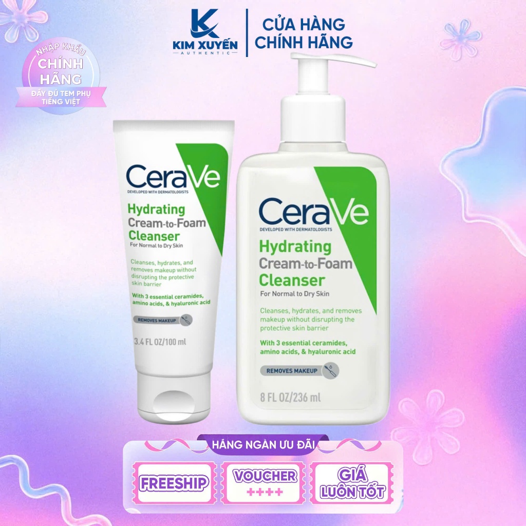 [ DẠNG KEM ] Sữa rửa mặt Cerave Hydrating Cream-to-Foam Cleanser 236ML/100ML
